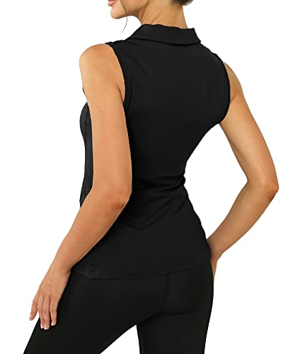 Aurgelmir Womens Sleeveless Athletic Golf Polo T Shirt Button Up Tennis Running Outdoor Tank Top Black #TOP4