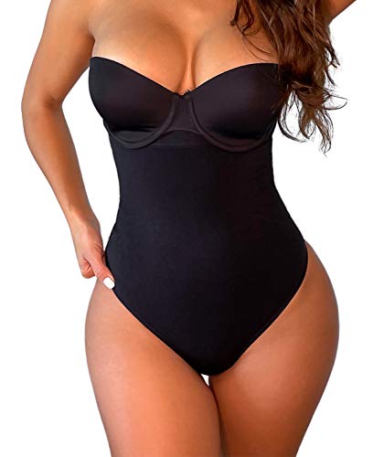 SHAPERX High Waisted Panties Tummy Control Shapewear Seamless Slimming Thong Bodysuit Body Shaper for Women, SZ2230864-Black-M