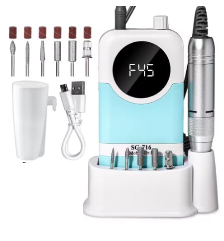Taladro de uñas eléctrico, 45000 RPM, recargable, bajo ruido, lijadora profesional de lima de uñas para salón de belleza (azul)