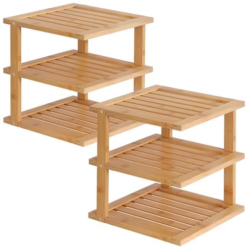 Danfoxer 2 Pack Bamboo Corner Shelf 3 Tier Kitchen Cabinet Organizer for Plates and Dishes Pantry Storage and Spice RackNatural