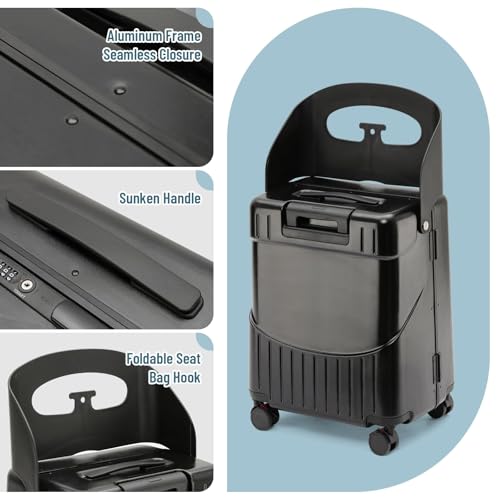 Hardside 22'' Luggage with Seat for Kids & Adults, 360° Lockable Spinner Wheels Travel Suitcase with TSA Approved Lock and Seat Belts(Black, 22-Inch)