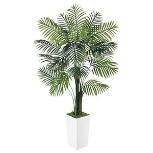 Artificial Palm Tree 5ft, PHYTREE Fake Palm Tree with White Tall Planter, Tropical Artificial Plants Indoor with Realistic Trunk and Silk Leaves, Faux Palm Floor Plant for Living Room Home Decor