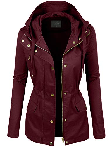 LE3NO Womens Cotton Hooded Military Safari Anorak Jacket, WINE, Medium