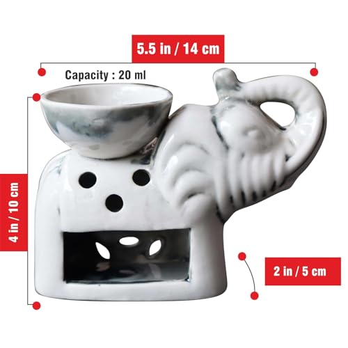 Image of Pure Source India Ceramic Elephant Shape Aroma Oil Burner - Decorative Tealight Diffuser for Home Fragrance, Essential Oils & Aromatherapy (White)