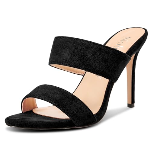 Image of NobleOnly Womens Round Open Toe Heeled Sandals Two Strap Stiletto High Heel Sandals Backless Dress Slip-on Mules Sandals 3.9 Inches Heels