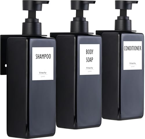 VITACHY 3 Uds Dispensador Negro 500ml Jabon BaƱo Pared Adhesivo Botes Gel Champu Ducha Rellenables Dosificador Pegar Wall Soap Shower Dispenser