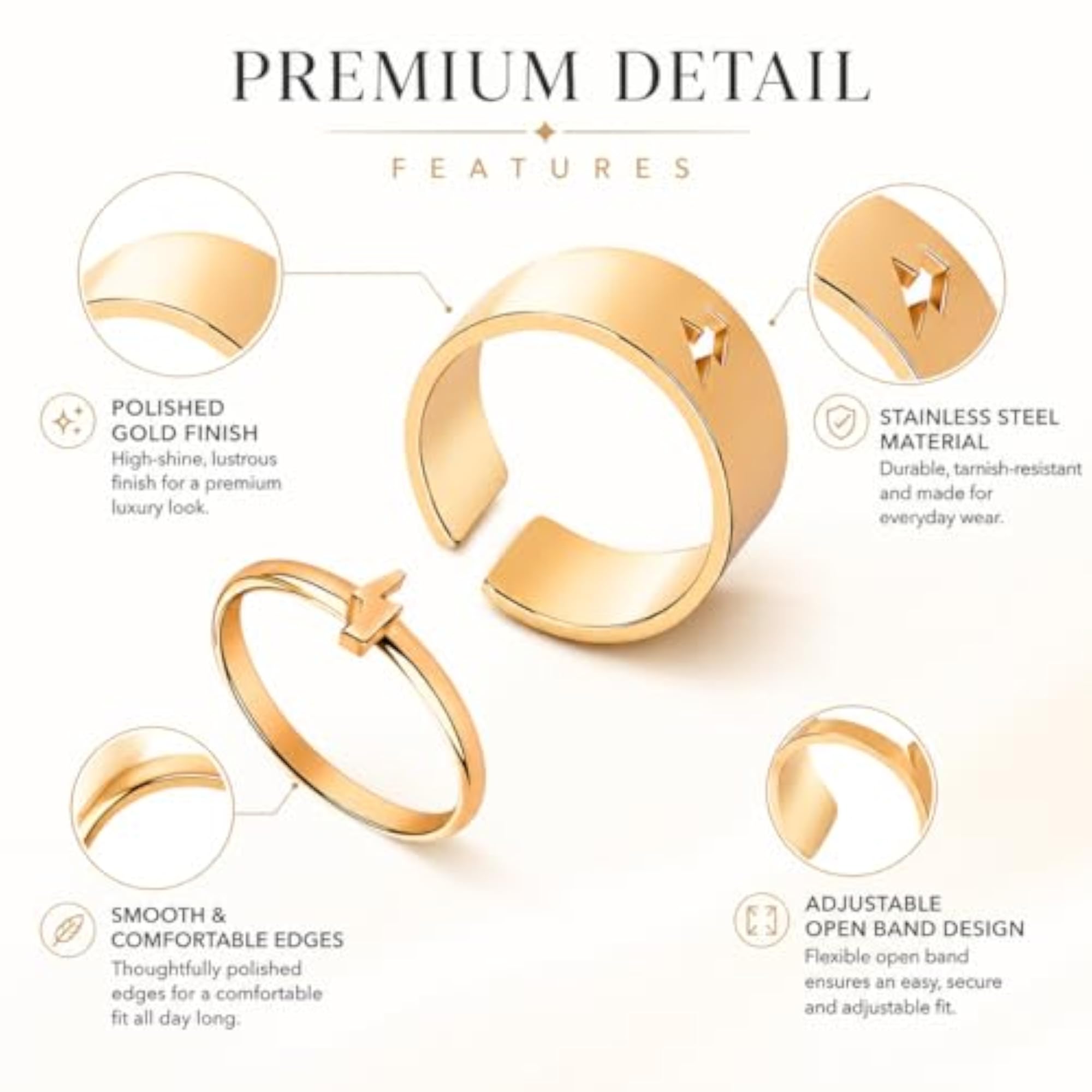 Trendy Gold Stainless Steel Couple Finger Adjustable Ring Set, Unisex