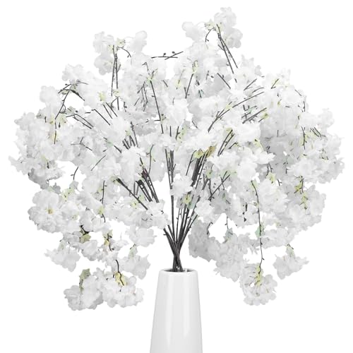 HUAESIN 6PCS Flores de Cerezo 134cm Ramas de Cerezo Artificiales Blanco Flores de Plástico para Maceta Sakura Flores Artificiales Ramos de Flores Artificiales para Jarrón Oficina Boda Balcón