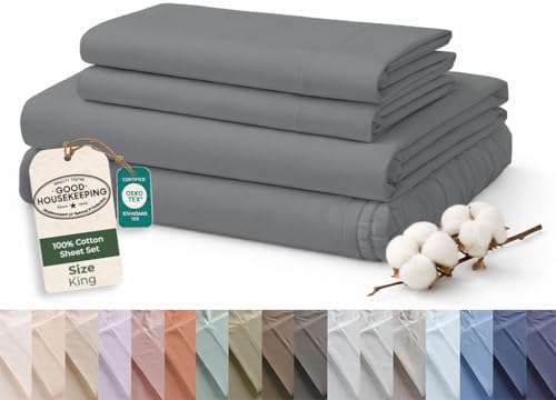 Image of ROYALE LINENS 100% Organic Cotton Full Sheet Set - 16 inch Deep Pocket Bed Sheets - Eco Friendly Grey Bed Sheets - Sabanas Full - 1 Flat, 1 Fitted & 2 Pillowcases - Grey Sheet Set - Cotton Bedding Sets