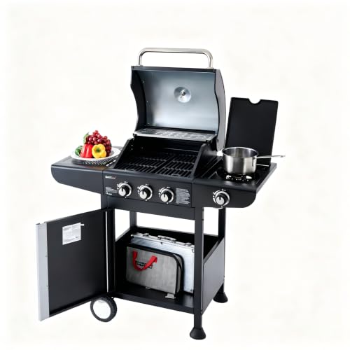 Royal Gourmet Barbecue Gaz à 3 Brûleurs avec Brûleur Latéral, Gril à Gaz sur Chariot de Puissance 11,5 KW avec 2 Grille en Fonte et 2 Tables d’Appoint,...