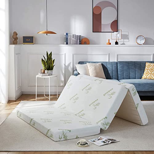 Sinweek Folding Mattress, 3 Inch Trifold Mattress Topper Portable Floor Mattress With Washable Bamboo Cover, Waterproof Lining, Non-Slip Bottom, Camping Mattress Guest Bed Floor Bed, Cot Size #TOP15