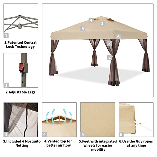 Crown Shades 10X10 Pop Up Canopy Including 4 Removable Nettings, 4 Ropes, 8 Stakes, 4 Weight Bags, Wheeled Storage Bag, Beige #TOP3