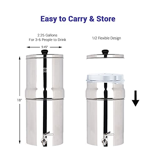 Aqua Easy Gravity Water Filter System | 304 Stainless Steel | 2X Cocunut Activated Carbon Water Filters | 2.25 Gallon | Countertop Water Filtration System For Home, Outdoor, Emergency |(Glossy) #TOP4
