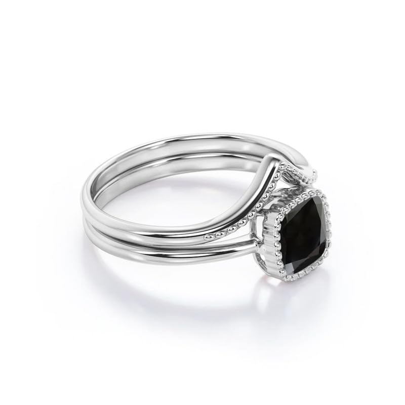 Black Onyx Wedding Ring Set for Women 925 Sterling Silver 10K 14K 18K Gold Vintage Bridal Ring Set with 1CT Cushion Cut Black Onyx Engagement Ring Set for Her3