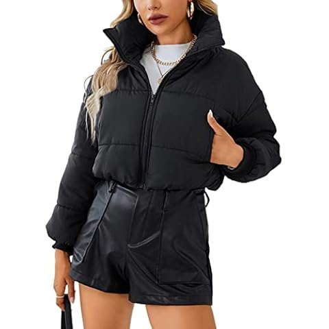 Damen Crop Puffer Jacket Winter Warm Stehkragen Steppjacke Leichter Reißverschluss Kurz Jacken Mantel Outwear mit Taschen (Schwarz, L) Cover
