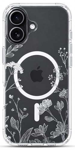 Ranz Clear Floral Phone Case for iPhone 17 – Transparent Magnetic Cute Flower Case for Women Girls, Slim Shockproof Protective Cover Aesthetic Case - Minimalist White Floral