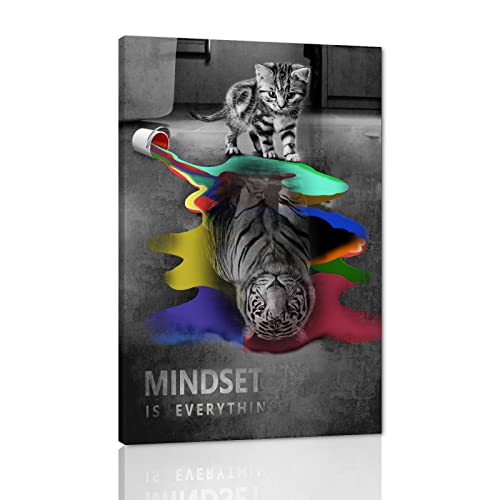 Modern Home Decor Wall Art Inspirational Entrepreneur Quotes Mindset Is Everything Cat and Tiger Art Print Streched and Framed 24" W x 36" H