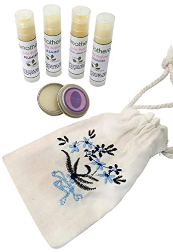 5 Organic & Natural Solid Perfume Jasmine Lavender Plumeria Patchouli Tangerine (4 tube + 1 Jar) - Free Embroidered Pouch