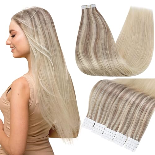 Full Shine Human Hair Tape in Extensions 14 Inch Balayage Nordic Blonde Hair Extensions Color 18 Ash Blonde Fading to 22 and 60 Highlighted Seamless Tape in Hair Extensions 50 Gram Remy Hair 20pcs