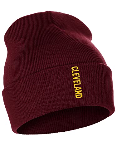 Daxton Vertical USA Cities Cuffed Beanie Winter Knit Hat Skully Cap, Cleveland Burgundy Gold