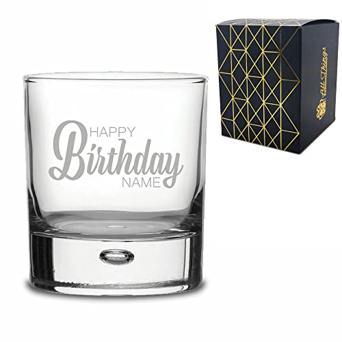 Personalised Engraved Bubble Whisky Glass Tumbler with Happy Birthday Name Design, Gift Boxed, Personalise with Any Name