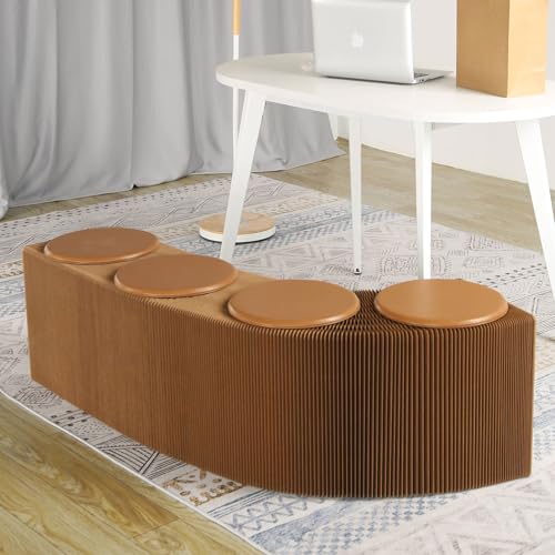 Image of Kraft Paper Rectangle Ottoman - Collapsible Stool with 3 Cushions, 330 lbs Honeycomb Folding Bench, Aesthetic Portable Stool, Entryway Bench & Space-Saving Vanity Seat (Brown, 4 Seats)