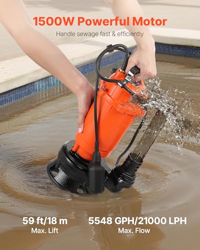 VEVOR Pompa zatapialna do studni 1500 W, 21000 l/h, żeliwna z automatycznym przełącznikiem pływającym, maks. 18 m podnoszenia, odpływ brudnej i czystej wody do basenów, ogrodu