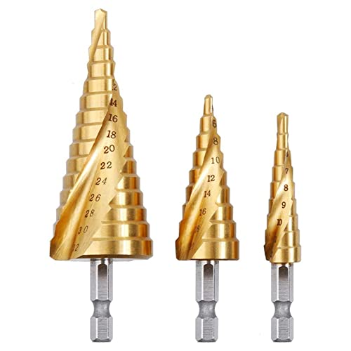 Rovtop 3PCS Foret Fraise Meche Etage, HSS Inox Metal, 4-12/20/32mm, Triangle Conique Titane, avec Tige Hexagone, Pour Visseuse Percage sur Acier, Laiton, Bois, Plastique Cover