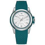 CITIZEN Eco-Drive Veya para mujer, caja de acero inoxidable en tono plateado de 33,4 mm con una correa de silicona verde azulado y esfera blanca plateada (estilo: FE1261-06A)