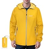 APEXUP Packable Rain Jacket Men with Reflective Zipper, Lightweight Waterproof Jacket Windbreaker Hooded Raincoat, Mens Rain Jackets for Outdoor, Running, Hiking, Travel, Cycling (Yellow, L)