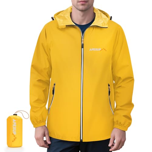 APEXUP Packable Rain Jacket Men with Reflective Zipper Lightweight Waterproof Jacket Windbreaker Hooded Raincoat Mens Rain Jackets for Outdoor Running Hiking Travel Cycling (Yellow L)