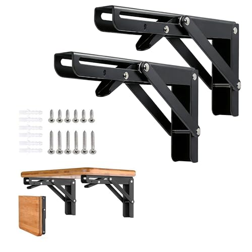 AUTOHJ Folding Shelf Brackets - 8 inch 2 Pcs Heavy Duty Metal Collapsible Shelf Bracket, DIY Wall Mounted Foldable Shelf Bracket, Space Saving for Bench Table
