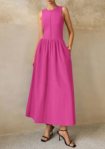 Image of PRETTYGARDEN Maxi Dresses for Women 2026 Summer Casual Sleeveless Patchwork Flowy Vacation Sundress Knit Long Work Tank Dress