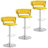 AOOSWEER Yellow Bar Stools Set of 3, Modern 360° Swivel Barstools with Silver Base, Velvet Bar Chairs Kitchen Stool Island, Seat Height Adjustable from 23.62' to 31' Fit for Both Bar& Counter Height