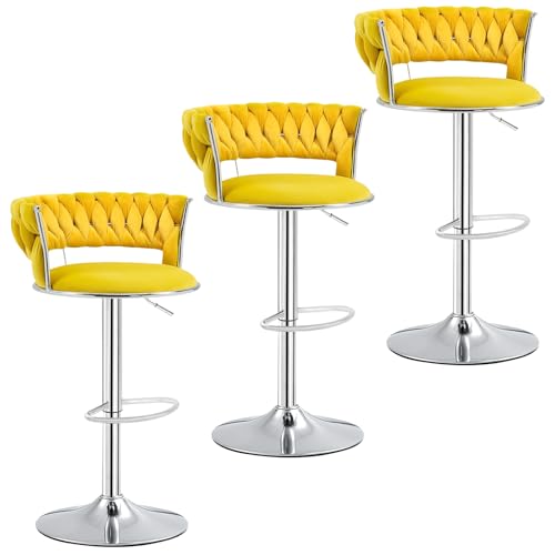 AOOSWEER Yellow Bar Stools Set of 3 Modern 360 Swivel Barstools with Silver Base Velvet Bar Chairs Kitchen Stool Island Seat Height Adjustable from 23.62 to 31 Fit for Both Bar& Counter Height