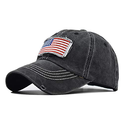 Promindfun Womens Ponytail High Messy Bun Hats Distressed Baseball Caps Unconstructed Washed Dad Hat Girls Trucker Ponycaps (11-Classic Flag Black) #TOP2