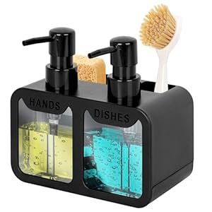 Peevel Dish Soap and Hand Soap Dispenser for Kitchen Sink, Soap Dispenser Set with Sponge Caddy and Brush Holder, Organizer for Kitchen Sink Countertop, Black