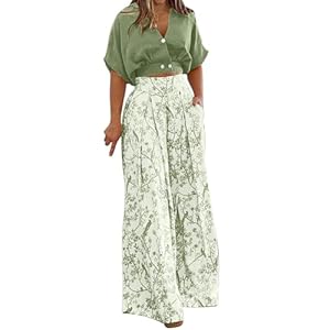 Ensemble Pantalon Femme Chic Et Elegant Ete Survêtement Ample Costume 2 Pièces Tailleur Décontracté D'été Imprimé T-Shirt + Pantalon Large Tenue de Plage Casual Affaires Outfits Suit Pas Cher