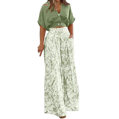 Image of 2 Piece Outfits Women Summer Floral Leisure Suits Short Sleeve Lapel Crop Top Wide Leg Palazzo Trousers Buttons Boho Lounge Wear Sets with Pockets Holiday Beach Vacation Airport Travel Outfit