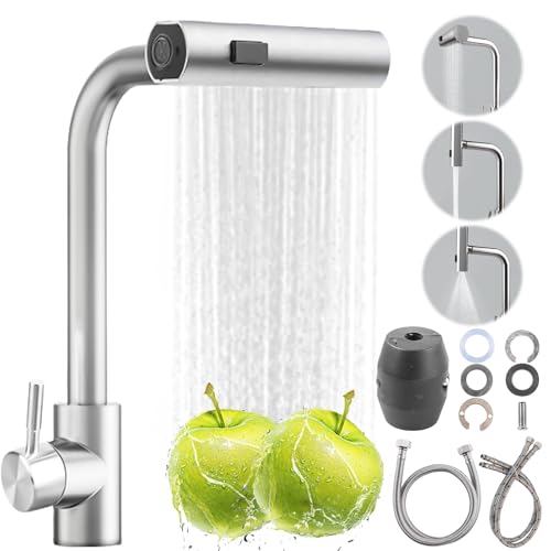 BAIFULAI Grifo de cocina extensible, grifo de cocina con ducha extensible, monomando extensible con ducha, 3 modos, 1 agujero giratorio 360°, cascada de alta presión, acero inoxidable cepillado