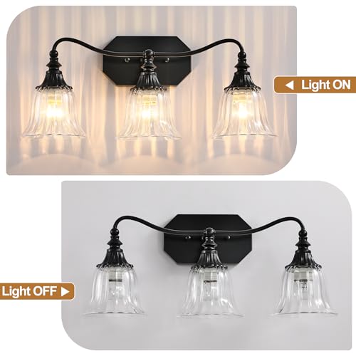 Image of LmnLvn 3-Light Bathroom Vanity Light, Matte Black with Crystal Glass Shade