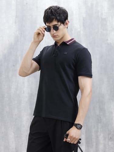 Image of WROGN Men's Cotton-Blend Polo T-Shirt | Solid Style with Contrast Collar | Slim Fit