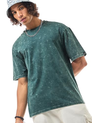Image of Bewakoof Men's Self Design Oversized Fit Half Sleeve Round Neck Pure Cotton Acid Wash T-Shirt