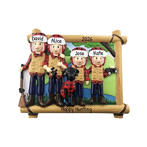 Hunting Family of 4 with Dog Ornament 2025 Personalized Family Christmas Ornaments 2025 | Camping with Black Dog Personalized Tree Ornaments Customizable Gifts for Pet Lovers of Four with Pet Ornament