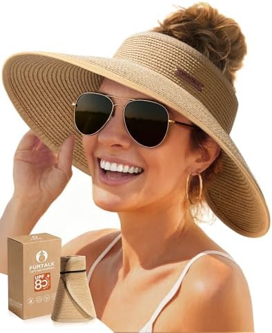 FURTALK Womens Sun Hat with Ponytail Hole Wide Brim Beach Straw Visor