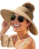 FURTALK Sun Visor Hat for Women Wide Brim Straw Roll-Up Ponytail Summer Beach UV UPF80+ Packable Foldable Travel, Pure Khaki