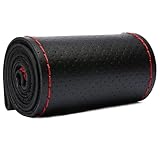 ハンドルカバー 編み込み 本革 薄い ステアリングカバー 手縫い 直径36cm 38cm 40cm 車用ステアリング 穴タイプ (M, ブラック（レッド糸）)