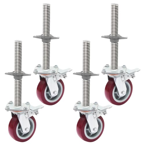 MEISHUNDA Adjustable Leveling Scaffolding Wheels Set,6"-Scaffolding Casters,1-3/8" OD Scaffold Screw,Scaffolding Screw Jacks,Scaffold Leveling Jack,Locking Stem Casters with Brakeï¼ˆ4 PCSï¼‰