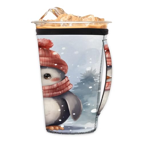 Penguin Cartoon Hat Scarf Reusable Neoprene Coffee Sleeve with Handle Insulated Iced Coffee Cup Holder Reduces Condensation Fits 24-28 oz Cups M