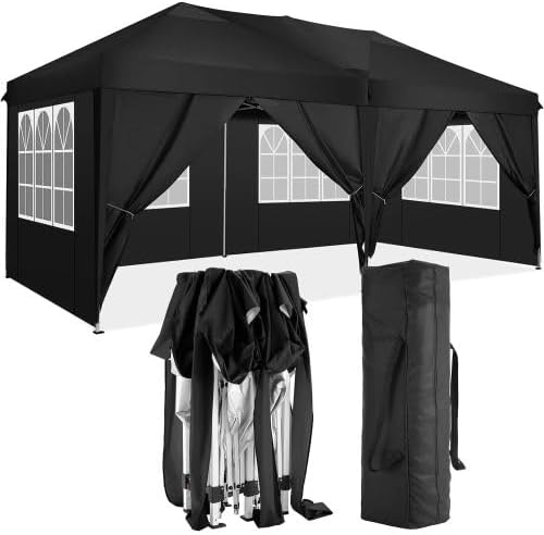 10x20 FT Pink Folding Canopy with 6 Removable Sidewalls (4 Windows and 2 Zipper), Outdoor Event Shelter, Pop Up Tent for Parties Beach Camping Wedding, Carry Bag Included